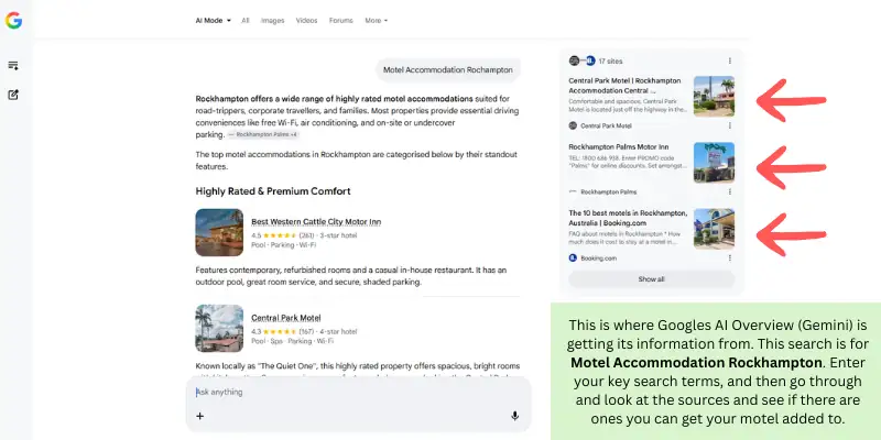 Google Gemini AI Overview showing the sources used to answer a motel search query