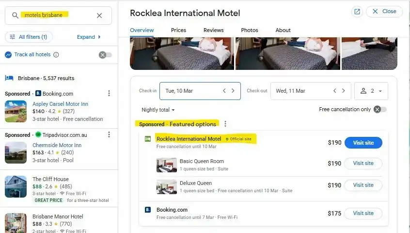 Google Hotel Ads example showing motel rates in search results