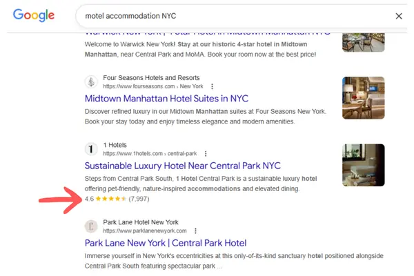 Example of a motel schema aggregate rating displayed in Google search results